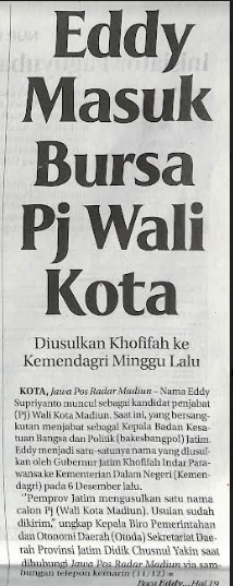 Eddy Masuk Bursa Pj Wali Kota, Diusulkan Khofifah ke Kemendagri Minggu Lalu