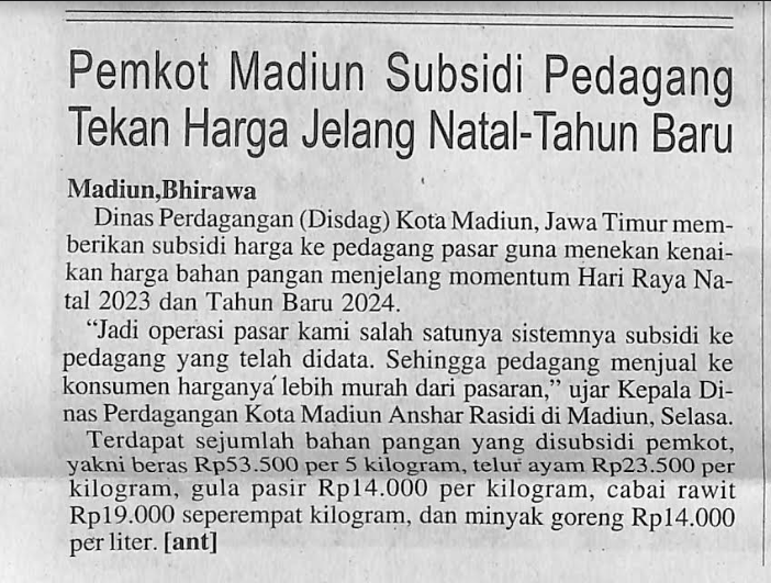 Pemkot Madiun Subsidi Pedagang Tekan Harga Jelang Natal-Tahun Baru