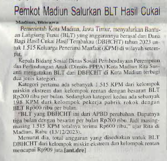 Pemkot Madiun Salurkan BLT Hasil Cukai