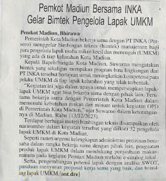 Pemkot Madiun Bersama INKA Gelar Bimtek Pengelola Lapak UMKM