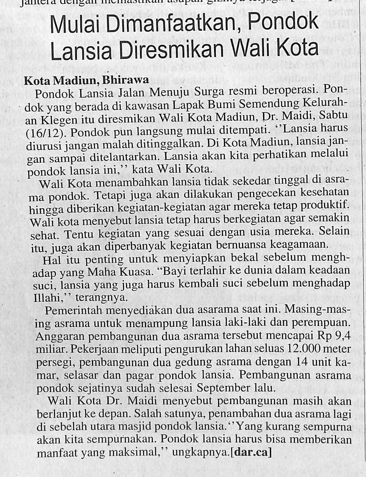 Mulai Dimanfaatkan, Pondok Lansia Diresmikan Wali Kota Madiun
