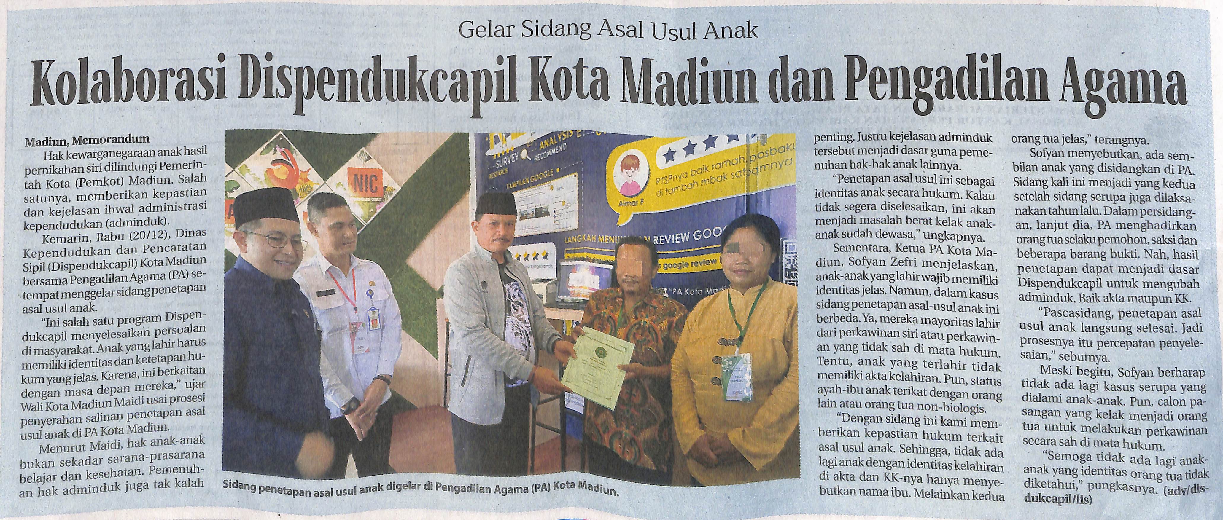 Gelar Sidang Asal Usul Anak, Kolaborasi Dispendukcapil Kota Madiun dan Pengadilan Agama