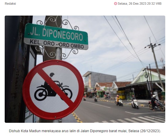 Pengendara Roda Dua Dilarang Melintas dari Diponegoro Timur Kota Madiun