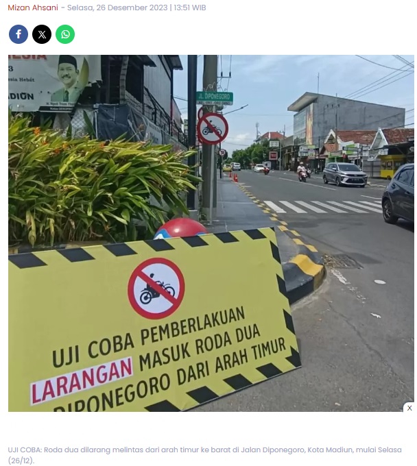 Ada Uji Coba Rekayasa Searah di Jalan Diponegoro Kota Madiun, Roda Dua Dialihkan ke Ruas Ini