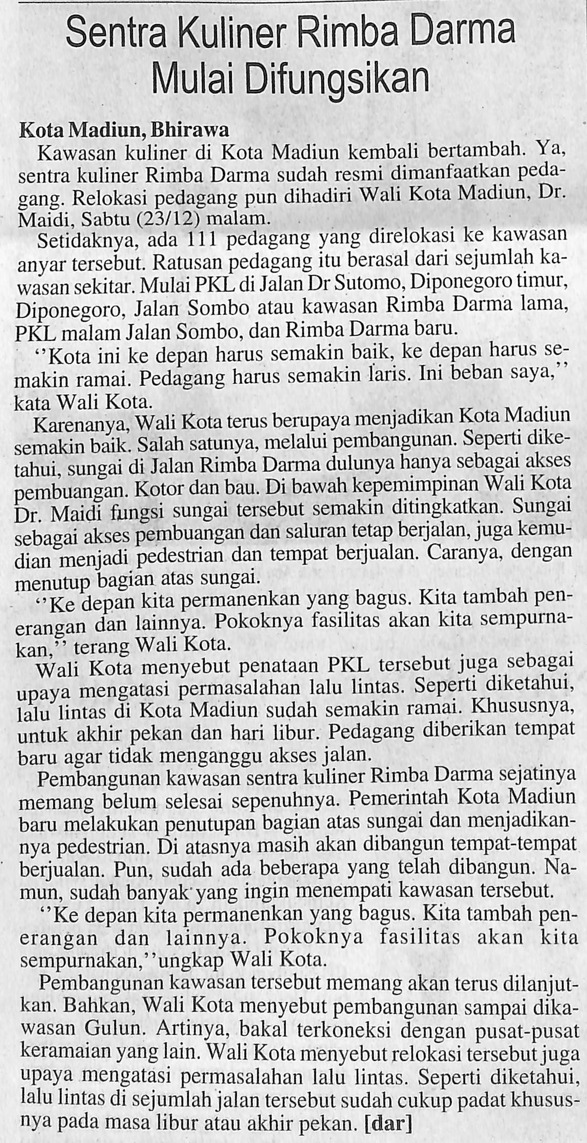 Sentra Kuliner RImba Darma Mulai Difungsikan