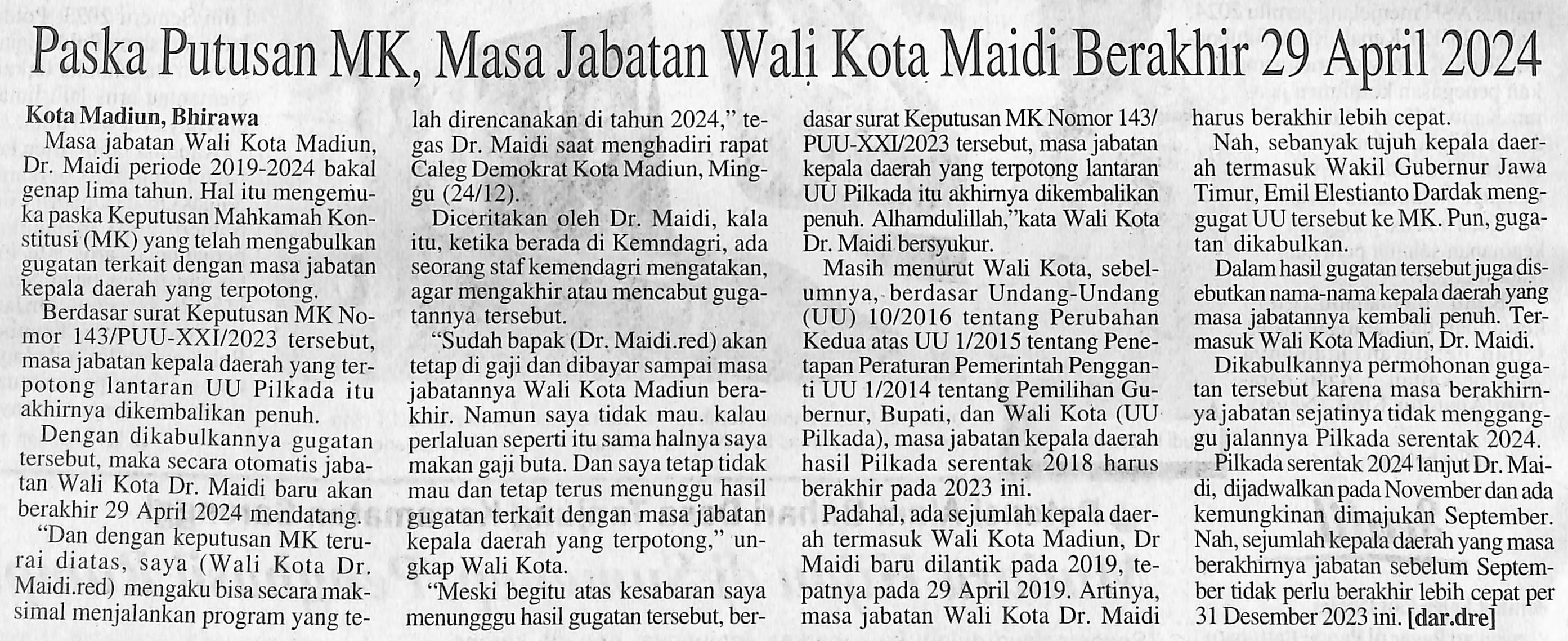 Paska Putusan MK, Masa Jabatan Wali Kota Maidi Berakhir 29 April 2024