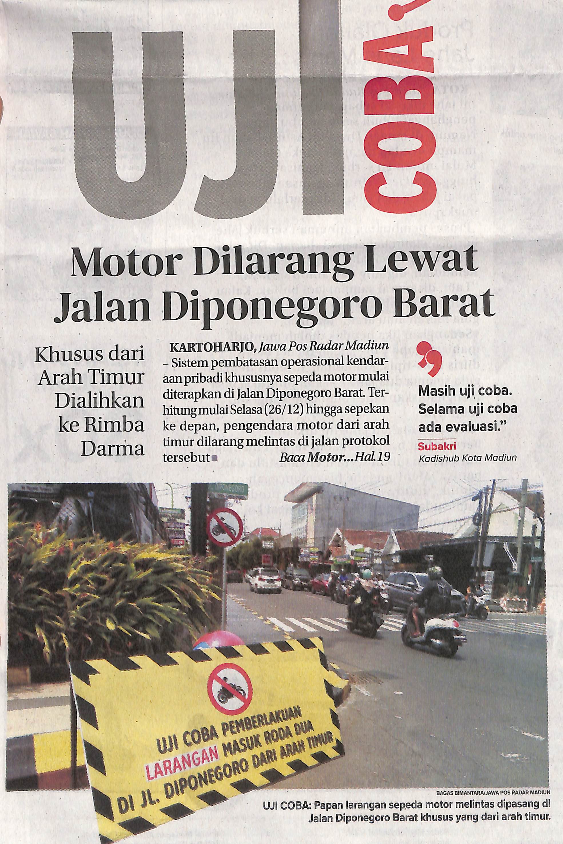Motor Dilarang Lewat Jalan Diponegoro Barat, Khusus dari Arah Timur Dialihkan ke Rimba Darma