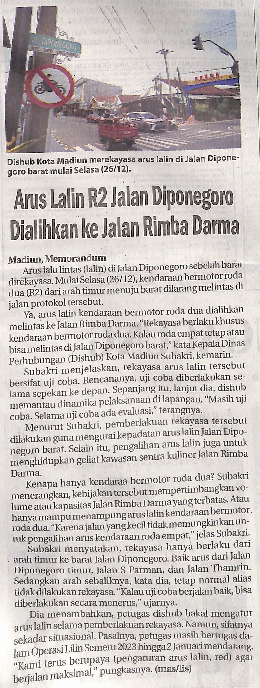 Arus Lalin R2 Jalan Diponegoro Dialihkan ke Jalan Rimba Darma