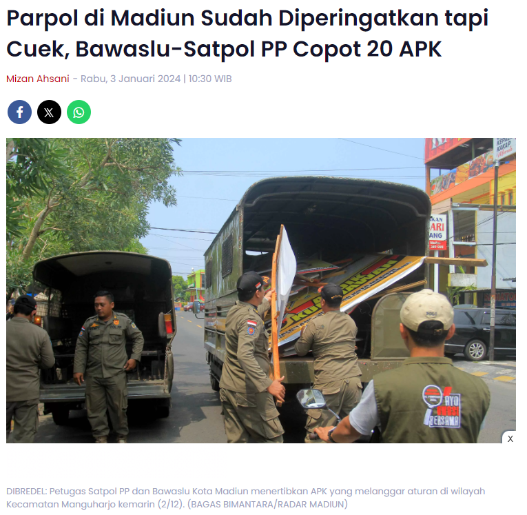 Parpol di Madiun Sudah Diperingatkan tapi Cuek, Bawaslu-Satpol PP Copot 20 APK