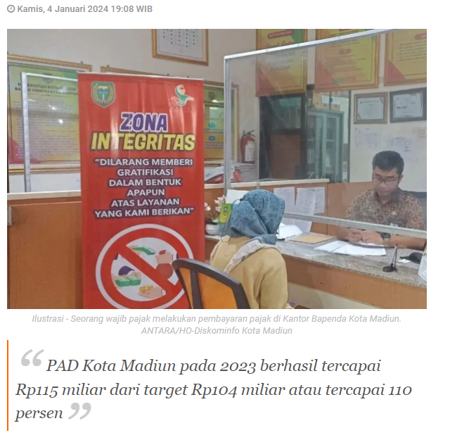 Realisasi PAD Kota Madiun tahun 2023 lampaui target