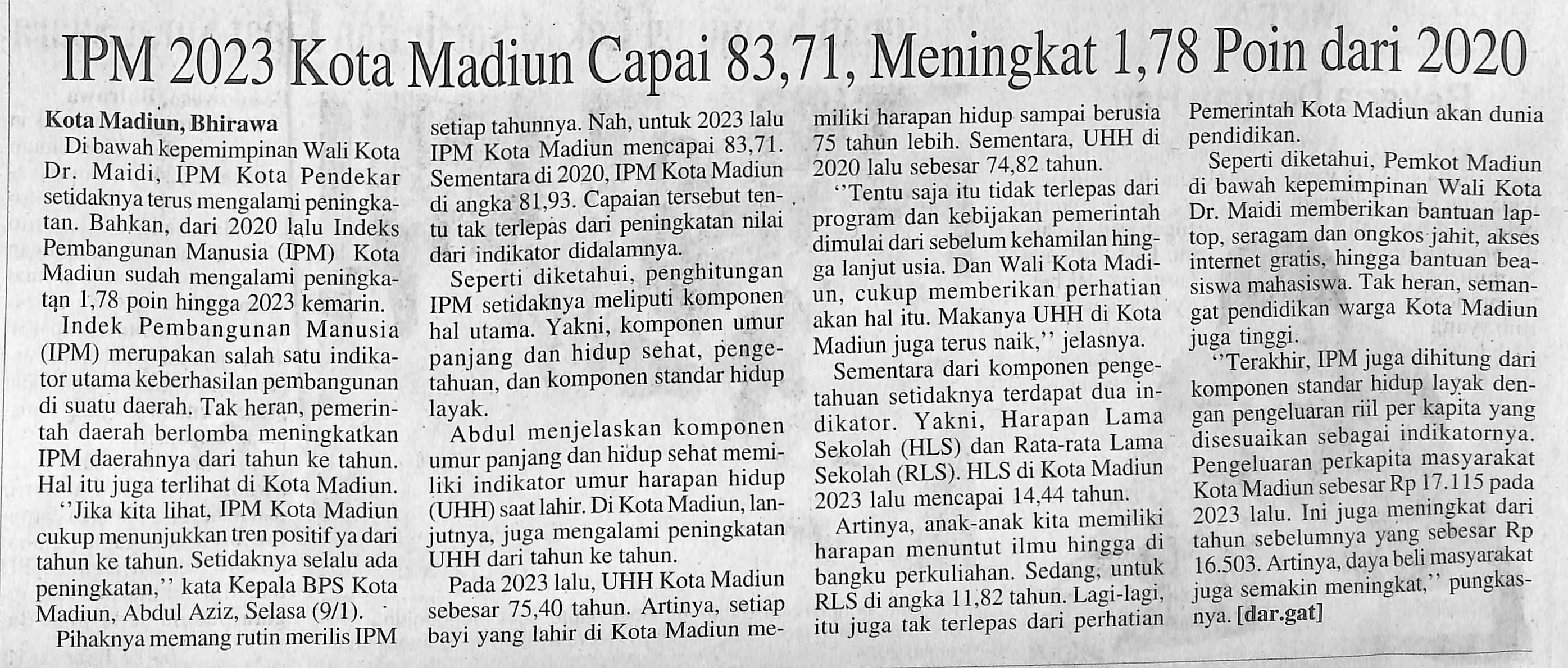 IPM 2023 Kota Madiun Capai 83,71 Meningkat 1,78 Poin dari 2020