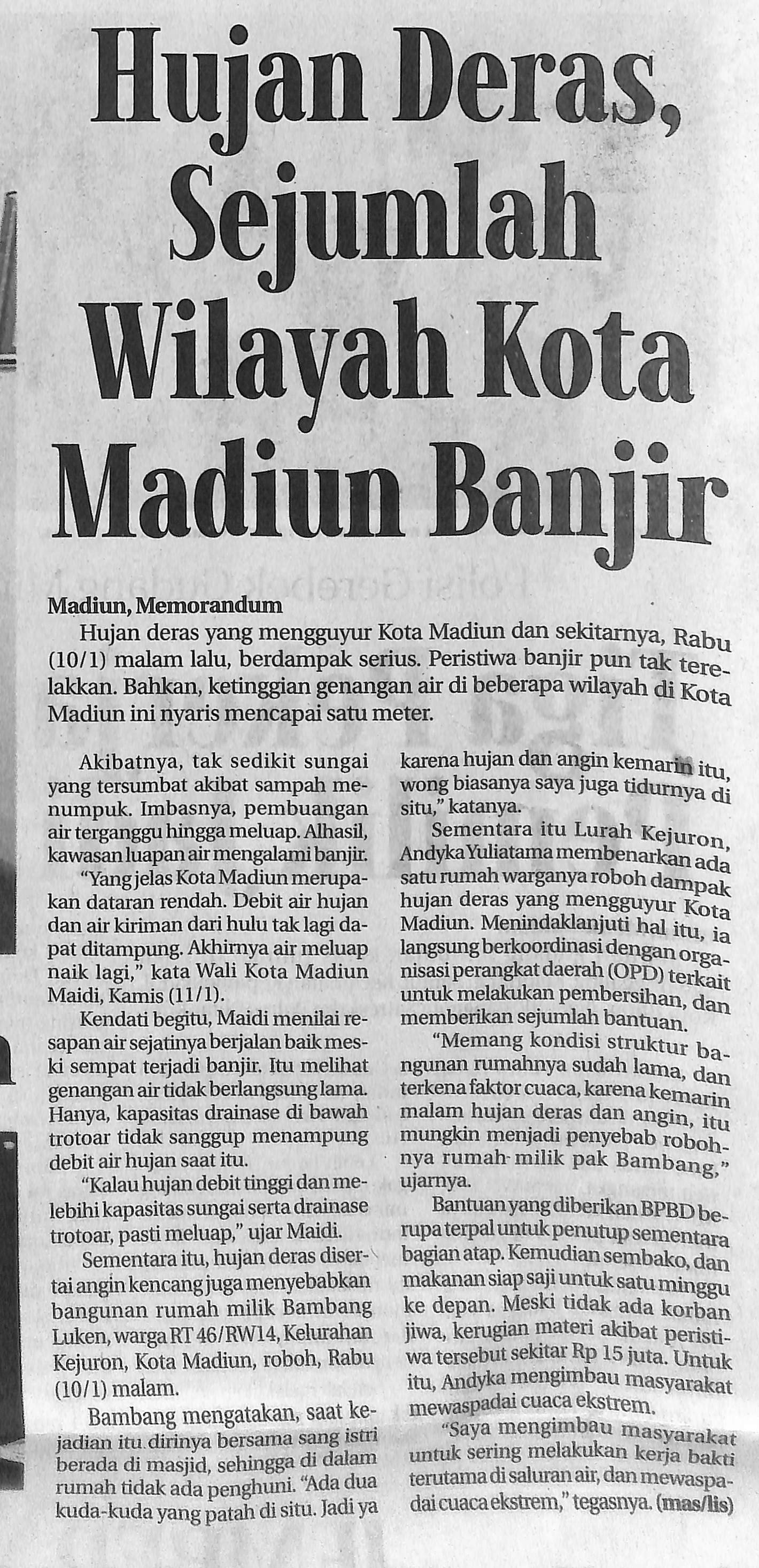 Hujan Deras, Sejumlah Wilayah Kota Madiun Banjir