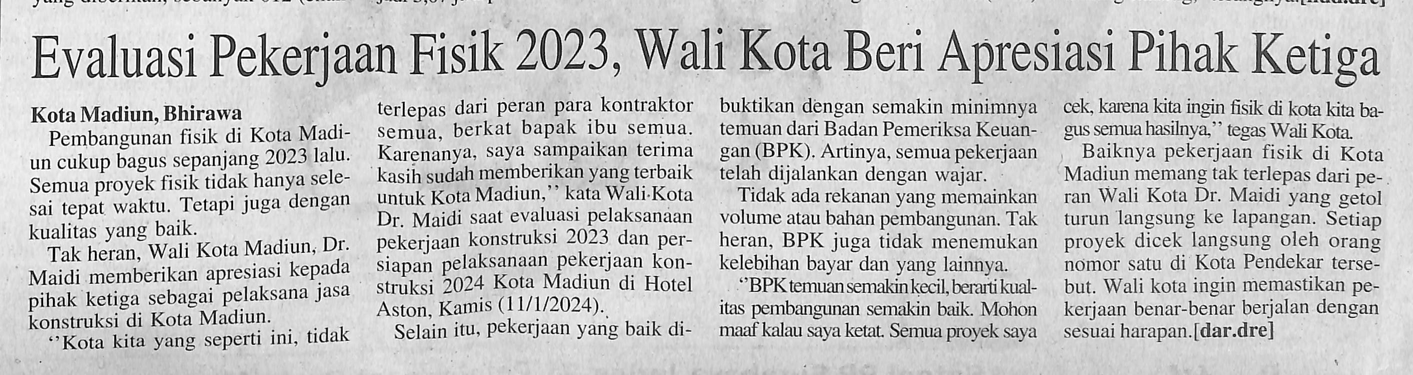 Evaluasi Pekerjaan Fisik 2023, Wali Kota Beri Apresiasi Pihak Ketiga