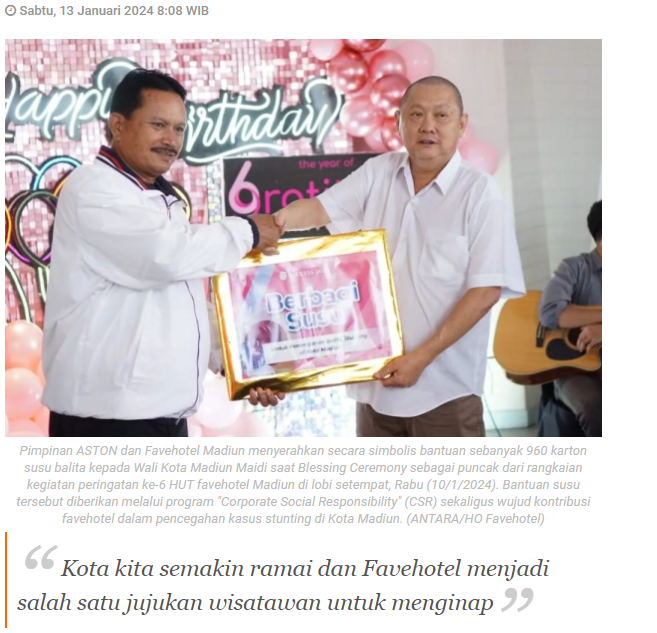 Favehotel Madiun salurkan susu balita dukung pencegahan stunting