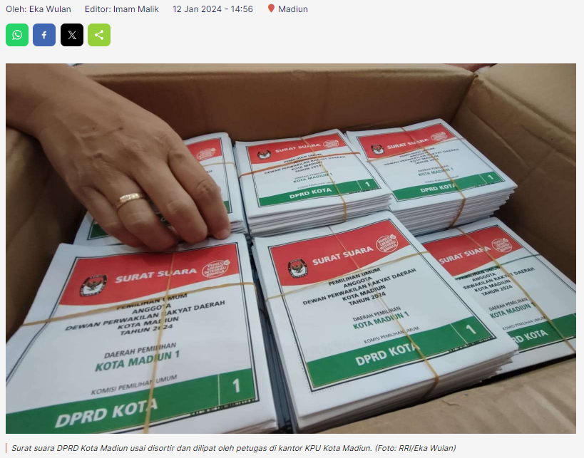 KPU Temukan Surat Suara DPRD Kota Madiun Rusak