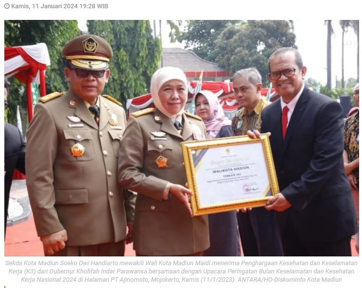 Lagi, Wali Kota Madiun raih penghargaan Pembina K3 Jatim