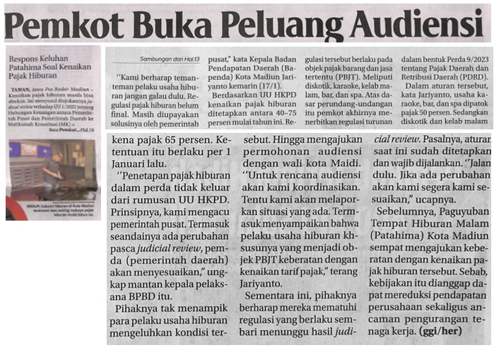 Pemkot Buka Peluang Audiensi, Respons Keluhan Patahima Soal Kenaikan Pajak Hiburan