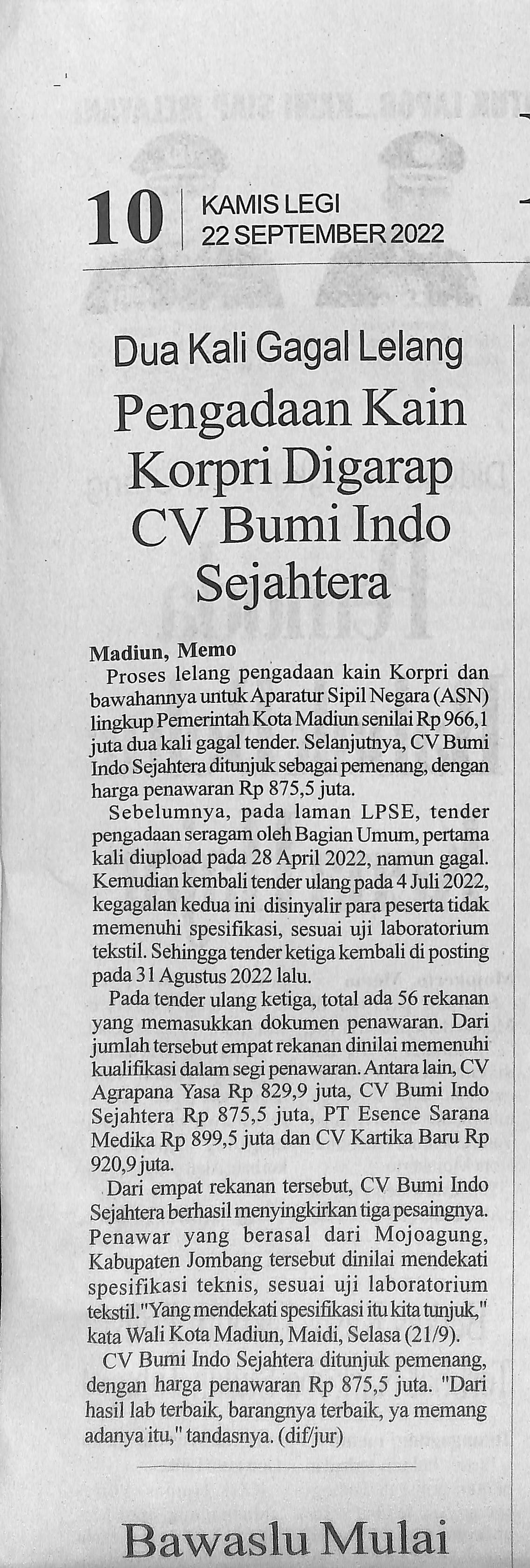 Dua Kali Gagal Lelang, Pengadaan Kain Korpri Digarap CV Bumi Indo Sejahtera