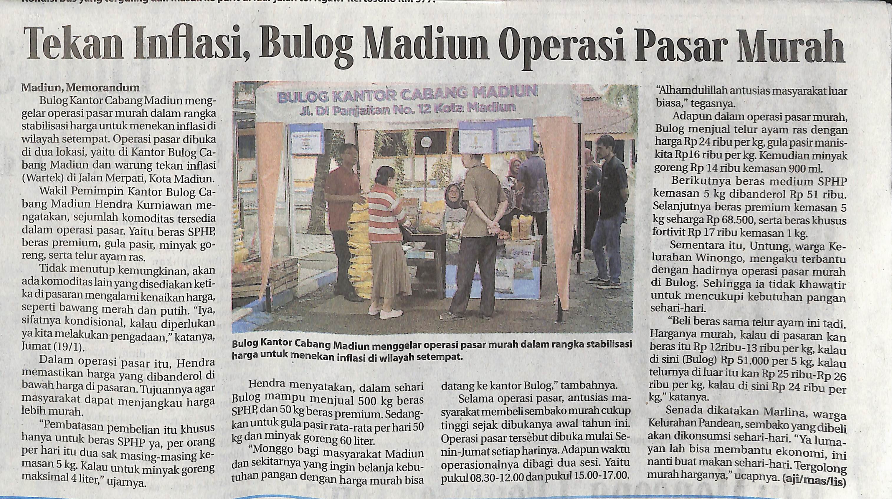 Tekan Inflasi, Bulog Madiun Operasi Pasar Murah