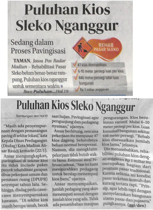 Puluhan Kios Sleko Nganggur, sedang Dalam Proses Pavingisasi