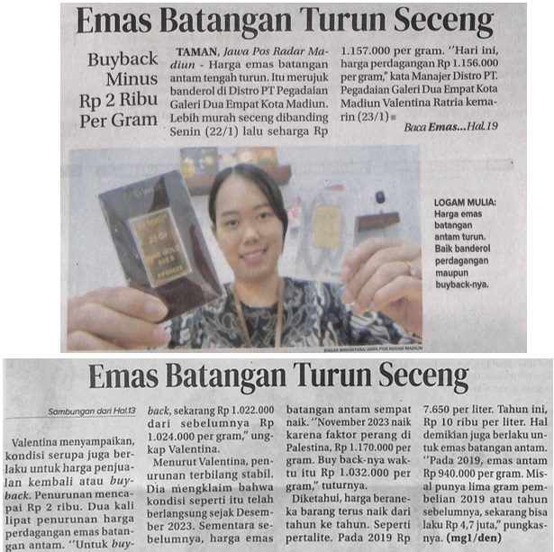 Emas Batangan Turun Seceng, Buyback Minus Rp 2 Ribu Per Gram