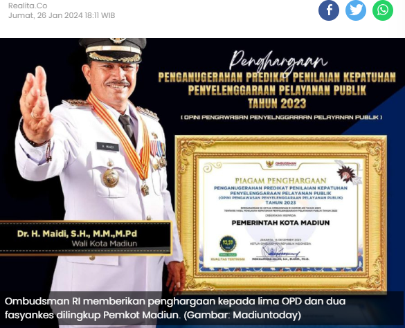Dinilai Paling Patuh Soal Pelayanan Publik, Pemkot Madiun Raih Penghargaan dari Ombudsman RI