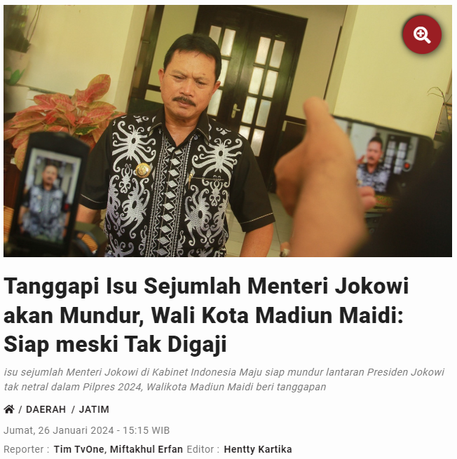 Tanggapi Isu Sejumlah Menteri Jokowi akan Mundur, Wali Kota Madiun Maidi: Siap meski Tak Digaji