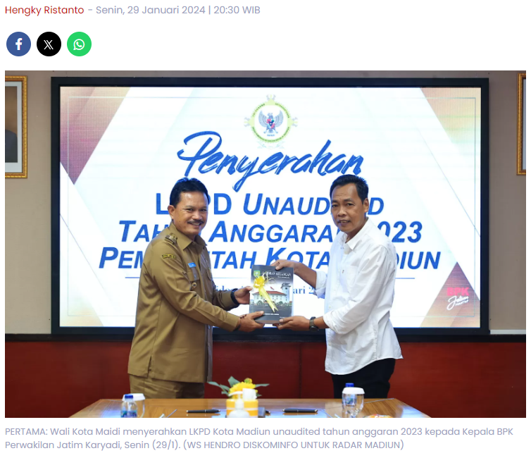 Pemkot Madiun Tercepat Se-Jatim Serahkan LKPD Tahun Anggaran 2023 ke BPK RI