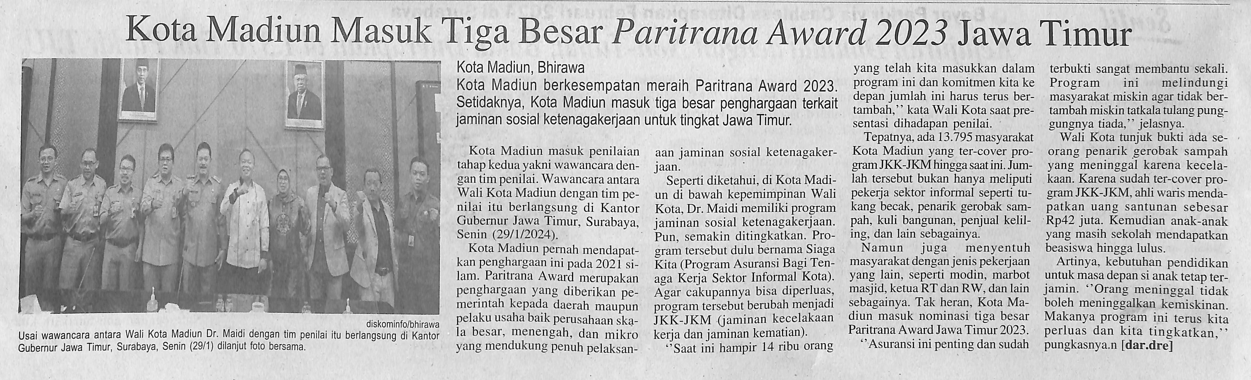 Kota Madiun Masuk Tiga Besar Paritrana Award 2023 Jawa Timur