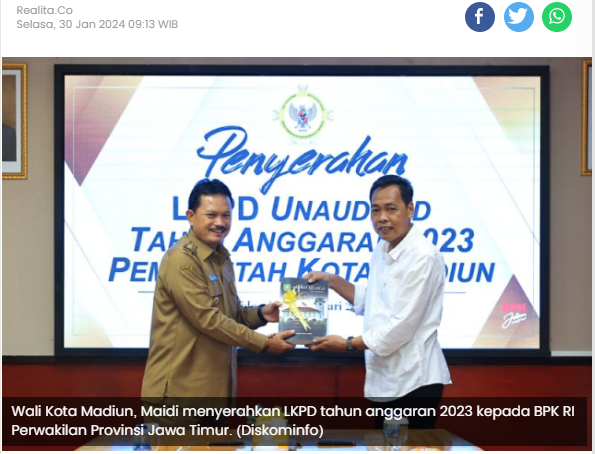 Lagi, Pemkot Madiun Jadi yang Pertama Serahkan Laporan Keuangan ke BPK RI