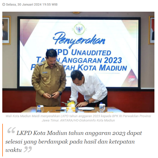 Pemkot Madiun tercepat se-Jatim serahkan LKPD 2023 ke BPK
