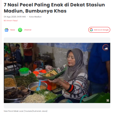 7 Nasi Pecel Paling Enak di Dekat Stasiun Madiun, Bumbunya Khas