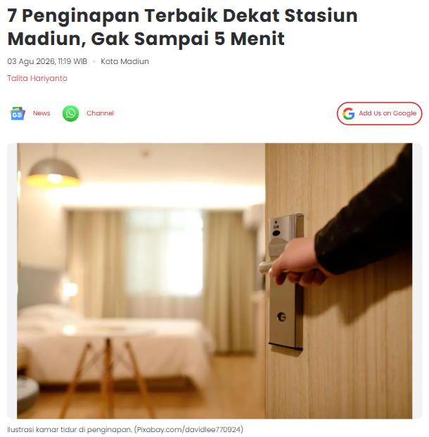 7 Penginapan Terbaik Dekat Stasiun Madiun, Gak Sampai 5 Menit