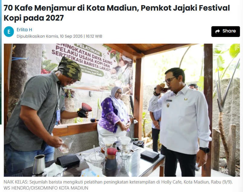 70 Kafe Menjamur di Kota Madiun, Pemkot Jajaki Festival Kopi pada 2027