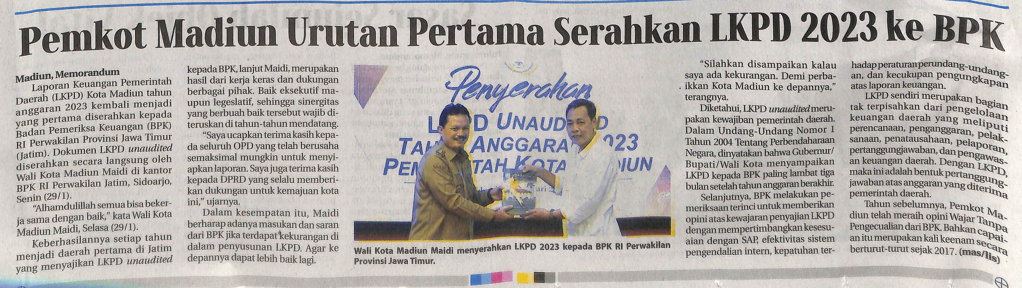 Pemkot Madiun Urutan Pertama Serahkan LKPD 2023 ke BPK