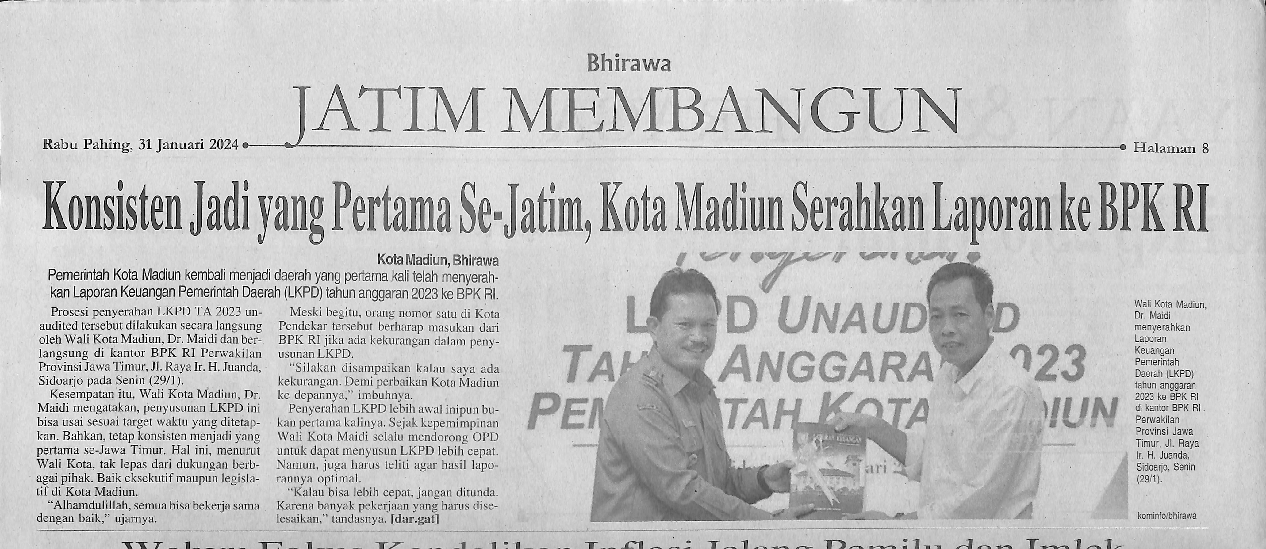 Konsisten Jadi yang Pertama Se-Jatim, Kota Madiun Serahkan Laporan ke BPK RI