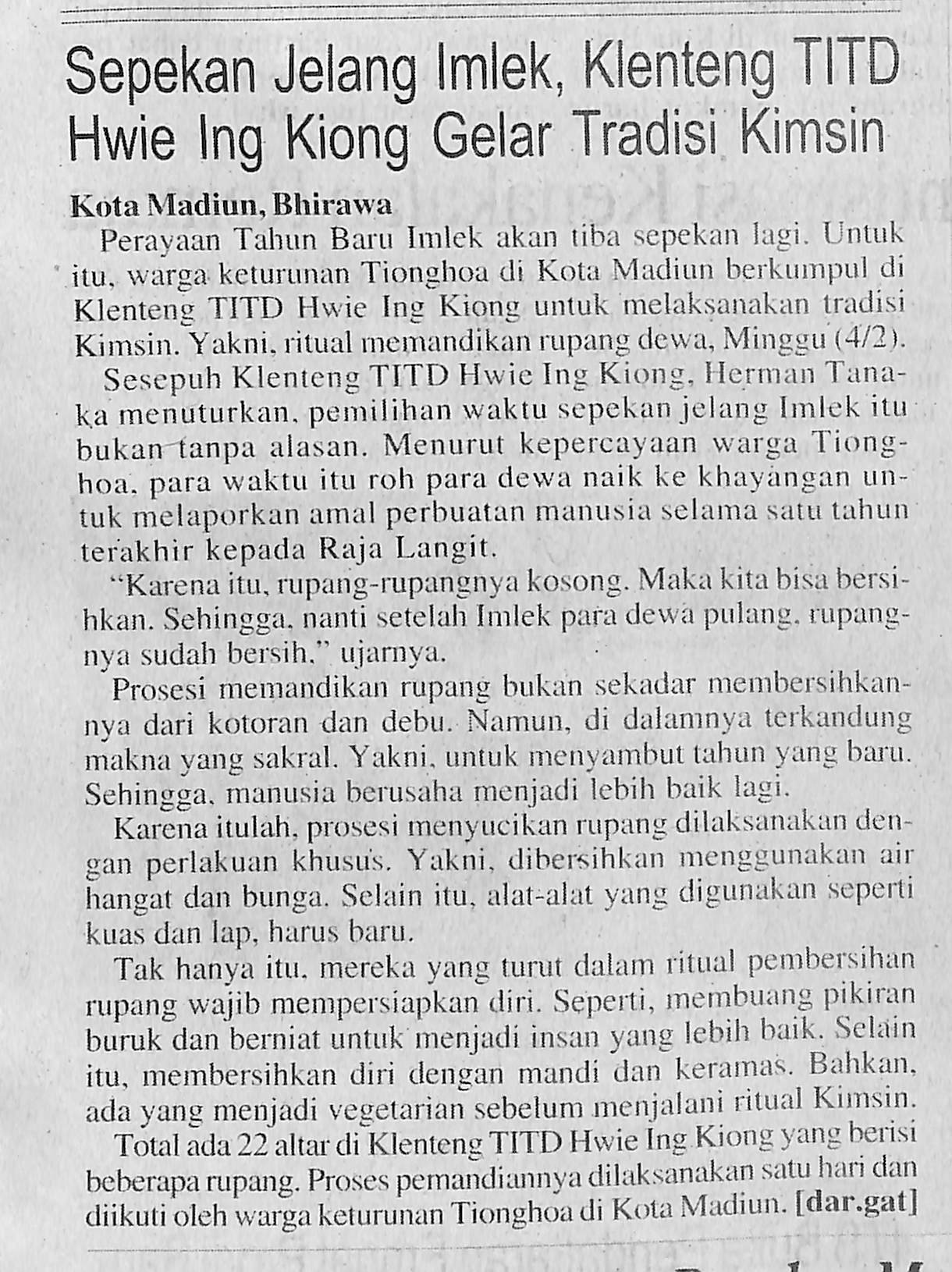 Sepekan Jelang Imlek, Klenteng TITD Hwie Ing Kiong Gelar Tradisi Kimsin