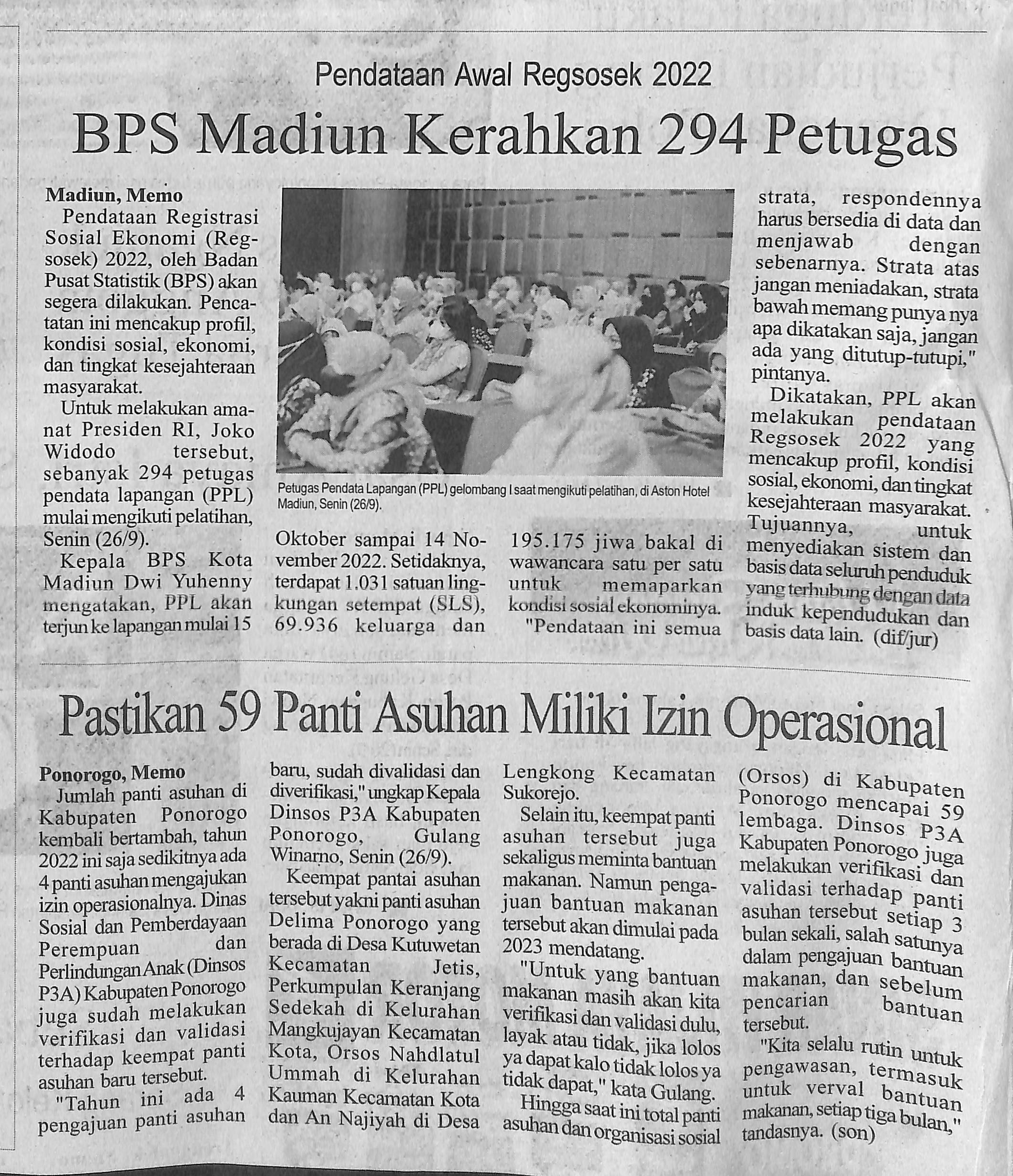 Pendataan Awal Regsosek 2022, BPS Madiun Kerahkan 294 Petugas