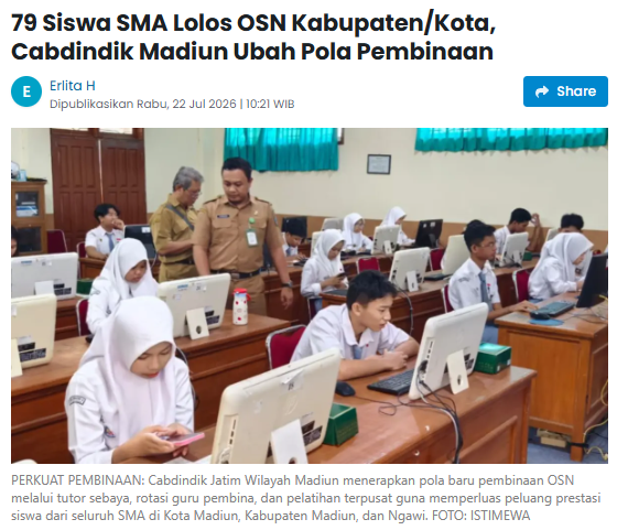 79 Siswa SMA Lolos OSN Kabupaten/Kota, Cabdindik Madiun Ubah Pola Pembinaan