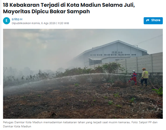 8 Kebakaran Terjadi di Kota Madiun Selama Juli, Mayoritas Dipicu Bakar Sampah