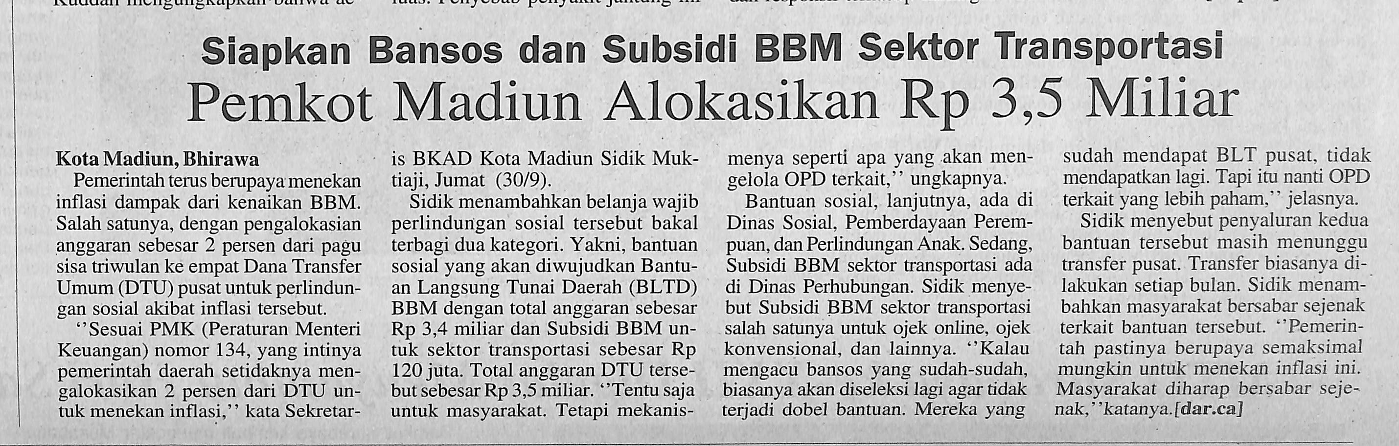 Siapkan Bansos dan Subsidi BBM Sektor Transportasi, Pemkot Madiun Alokasikan Rp 3,5 Miliar
