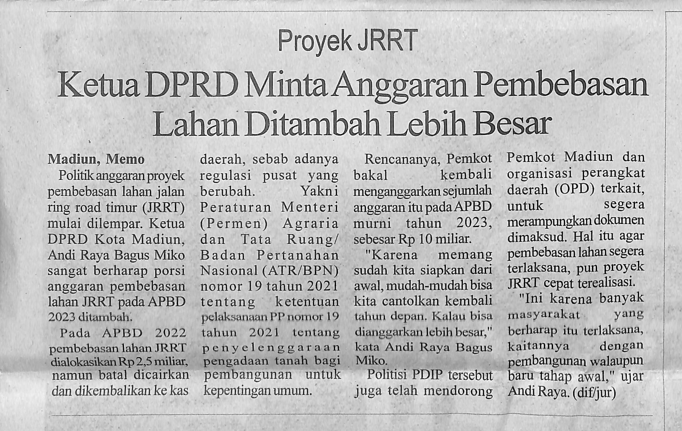 Proyek JRRT, Ketua DPRD Minta Anggaran Pembebasan Lahan Ditambah Lebih Besar