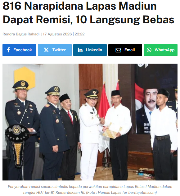 816 Narapidana Lapas Madiun Dapat Remisi, 10 Langsung Bebas
