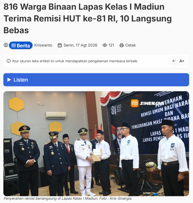816 Warga Binaan Lapas Kelas I Madiun Terima Remisi HUT ke-81 RI, 10 Langsung Bebas