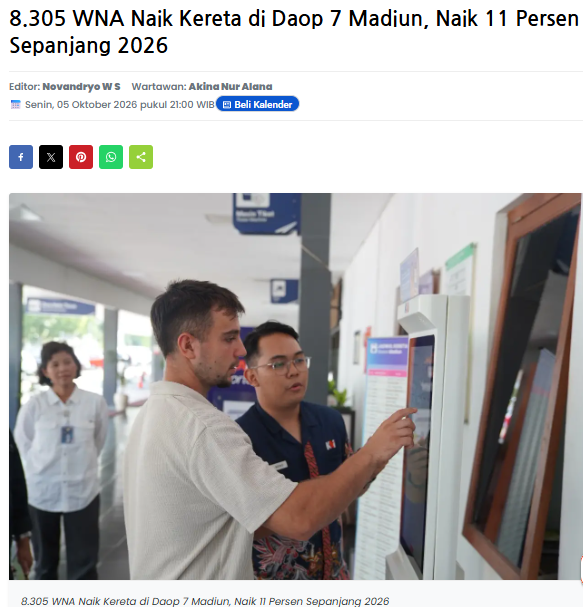 8.305 WNA Naik Kereta di Daop 7 Madiun, Naik 11 Persen Sepanjang 2026