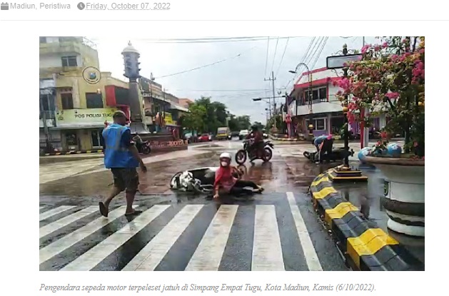 Simpang Empat Tugu Kota Madiun Dikeluhkan Licin dan Sering Bikin Pengendara Terpeleset