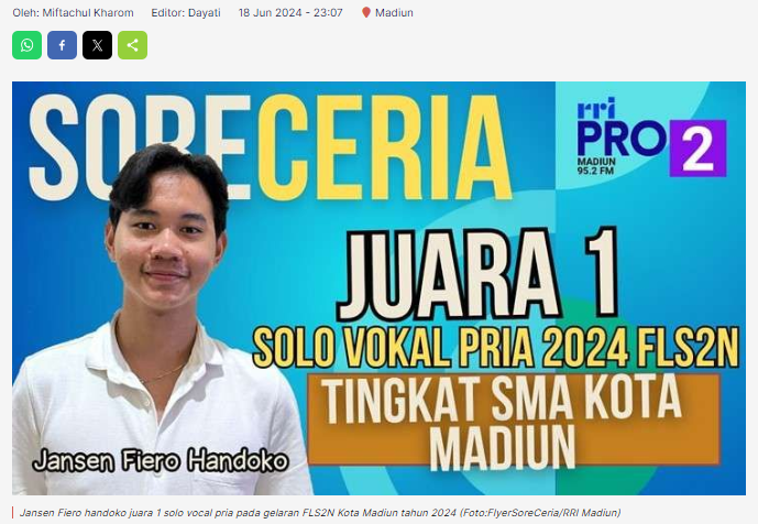 Hebaattt, Jansen F.H Siswa SMAN 6 Kota Madiun Juara 1 Solo Vocal Pria FLS2N Kota Madiun 2024
