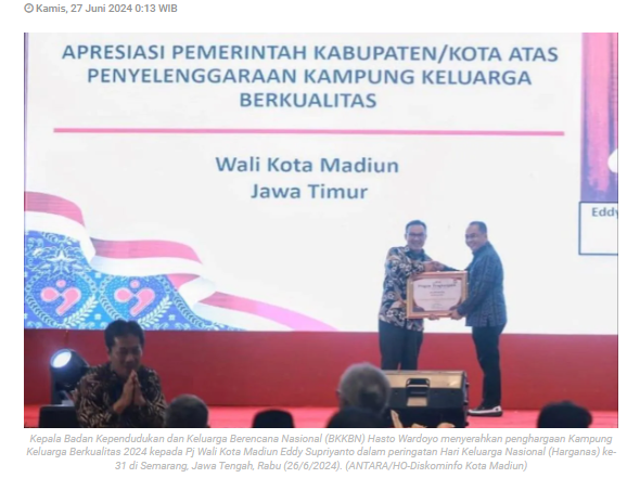 "Harganas" 2024, Kota Madiun raih penghargaan Kampung Keluarga Berkualitas