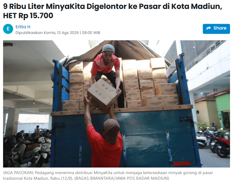 9 Ribu Liter MinyaKita Digelontor ke Pasar di Kota Madiun, HET Rp 15.700