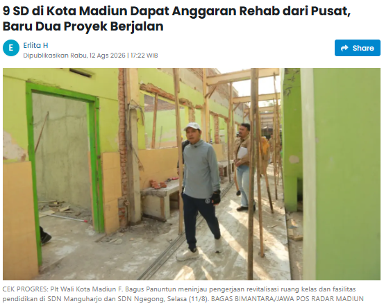 9 SD di Kota Madiun Dapat Anggaran Rehab dari Pusat, Baru Dua Proyek Berjalan